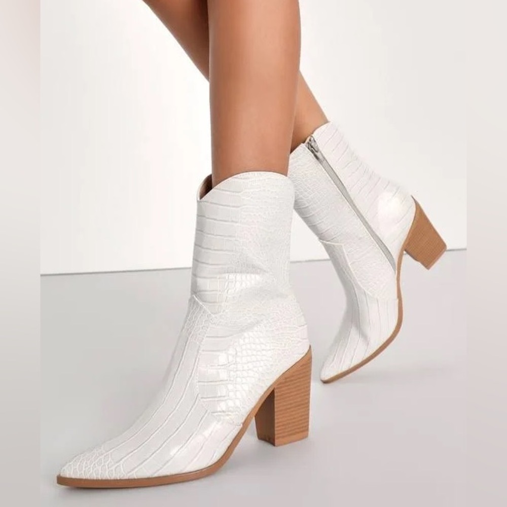 Lulus Eleora Bone Crocodile Embossed Mid Calf High Hell Boots